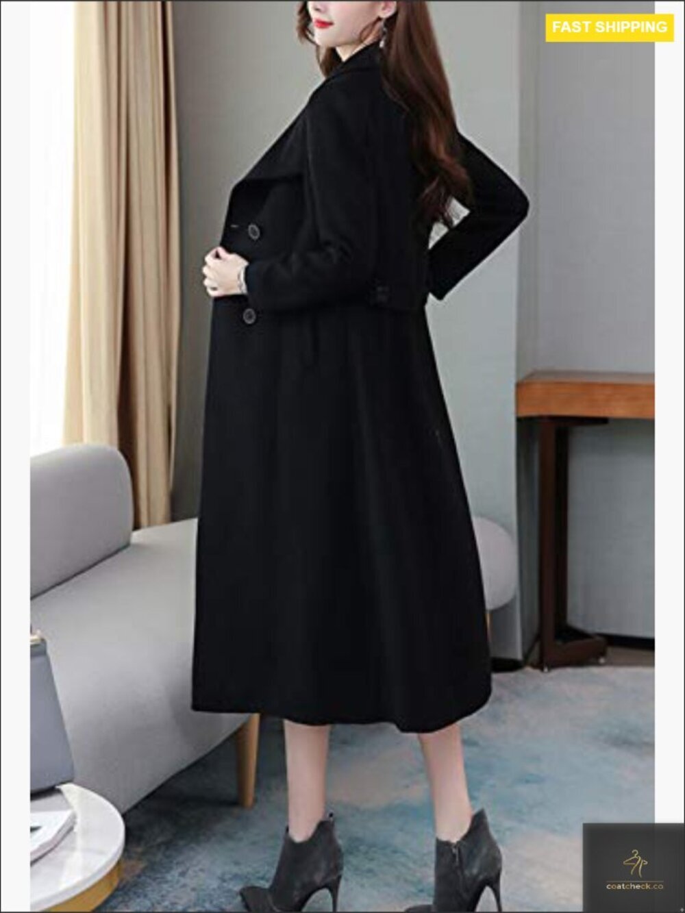 Wool Blend Pea Coat Shawl Collar Double Breasted Maxi Trench Overcoat - Picture 3 of 5